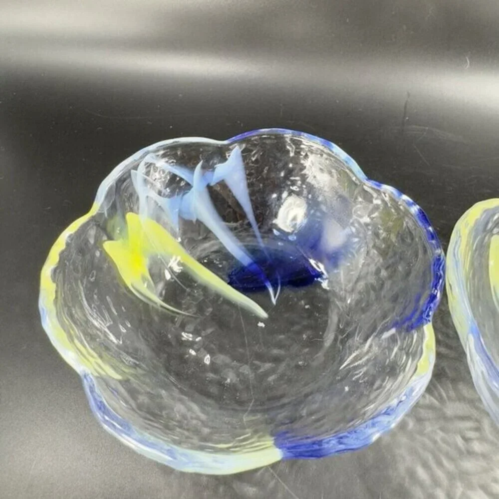 Vintage Aderia‎ Glass Bowl Set 2 Made In Japan Clear Blue Yellow Swirls Ruffled